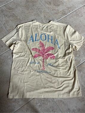 SHEIN Cream Tee with Pink Palm & Blue ALOHA Print